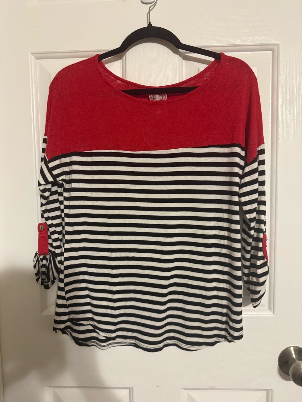 Mauve Red Colorblock Black Striped Roll Tab 3/4 Sleeve Knit Top XL Made in USA